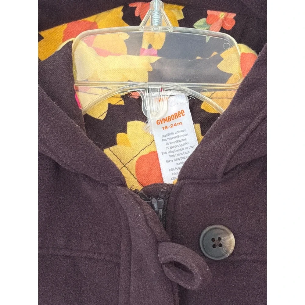 Gymboree Girls Brown Hooded Duffle Coat Sunflower Floral Lining 18-24M Toddler
